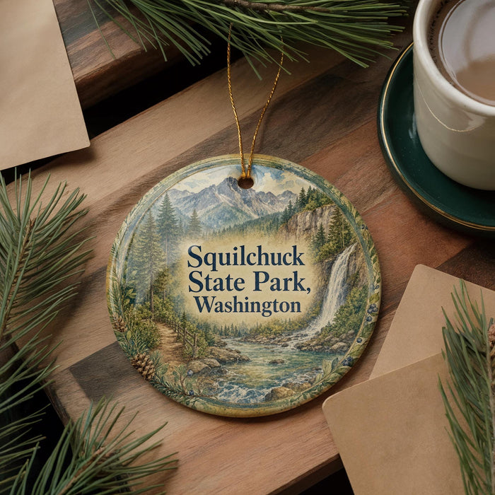 A decorative ornament featuring a scenic landscape of Squilchuck State Park in Washington, with pine trees and a waterfall, is displayed on a wooden surface alongside a cup of coffee and some papers.