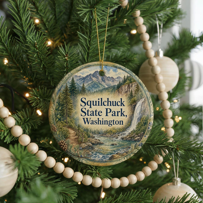 A circular ornament hanging on a Christmas tree, featuring a scenic landscape with mountains, a waterfall, and pine trees.