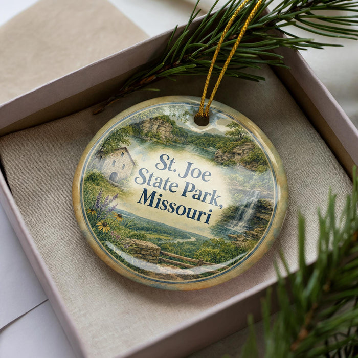 A decorative ornament in a box, featuring a scenic landscape with a house, trees, and water.