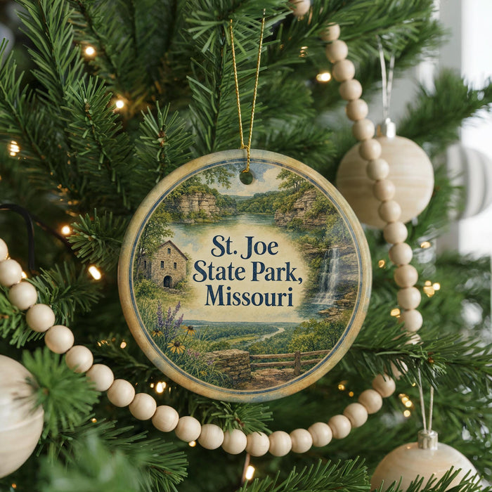 A round ornament hanging on a Christmas tree, featuring a scenic landscape with a waterfall and a house.