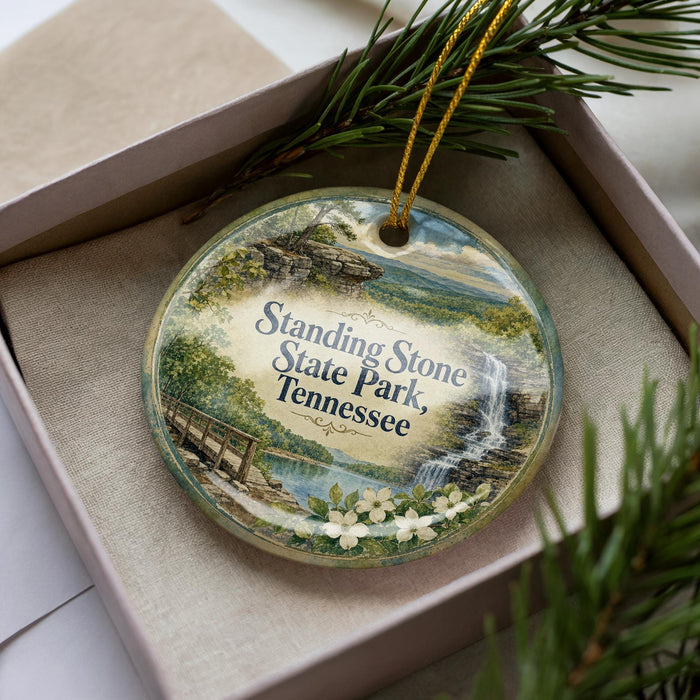 A decorative ornament with a scenic landscape of Standing Stone State Park, Tennessee, featuring a waterfall and pine trees.