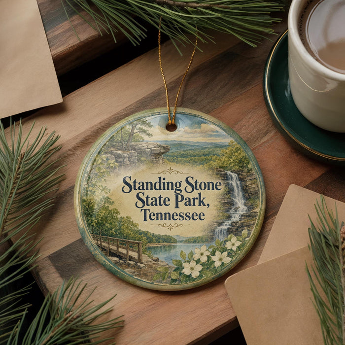 A round ornament with a scenic landscape of Standing Stone State Park, Tennessee, featuring a waterfall and pine trees.