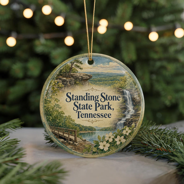 A round ornament with a scenic landscape featuring a waterfall and a bridge, surrounded by greenery and placed on a surface with a blurred background of lights.