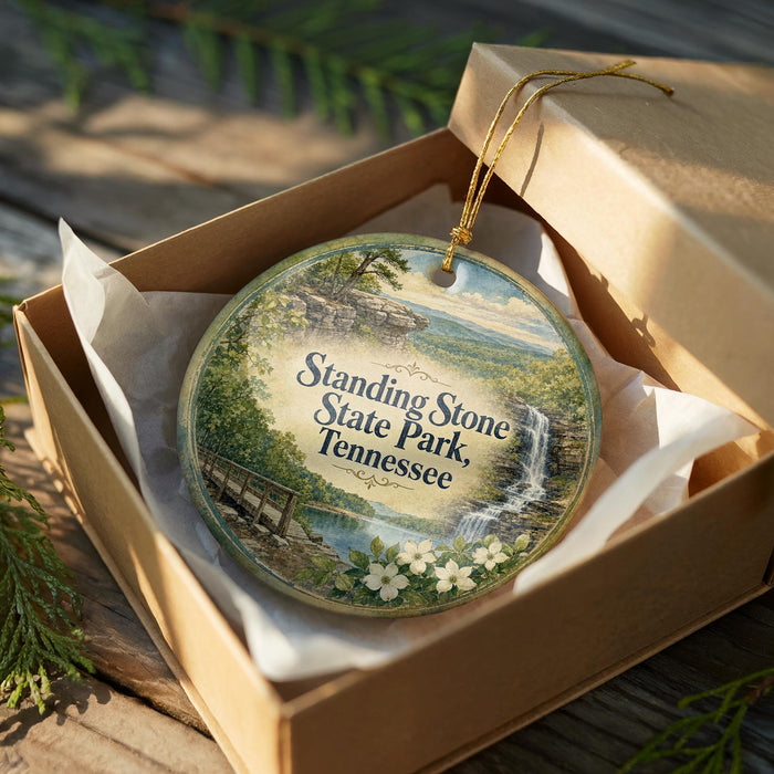 A decorative ornament in a wooden box, featuring a scenic landscape with a waterfall and flowers, with the text "Stand Stone State Park, Tennessee" printed on it.