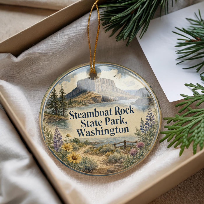A decorative ornament with a scenic image of Steamboat Rock State Park, Washington, hanging from a string.