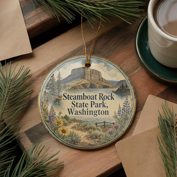 A decorative ornament featuring a scenic image of Steamboat Rock State Park in Washington, surrounded by pine branches and a cup of coffee on a wooden surface.
