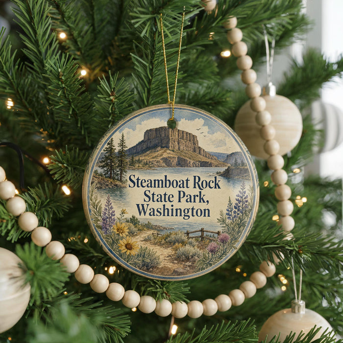 A round ornament on a Christmas tree, featuring a scenic image of Steamboat Rock State Park in Washington.