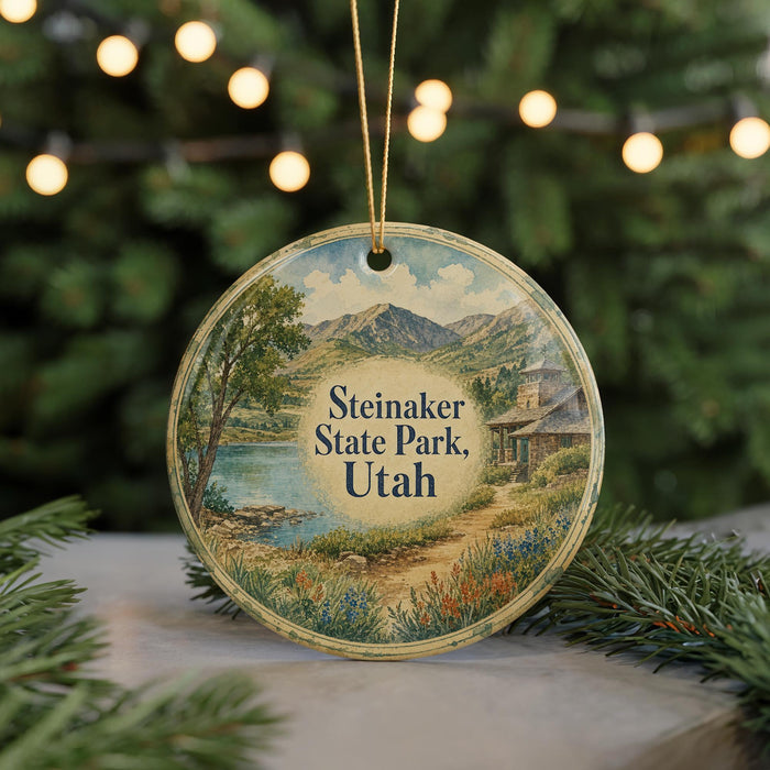 A round ornament with a scenic landscape of Steiner State Park, Utah, featuring a mountain, lake, and cabin.