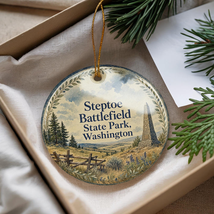 A decorative ornament with a scenic landscape of Steptoe Battlefield State Park, Washington, featuring a tall monument and pine trees.