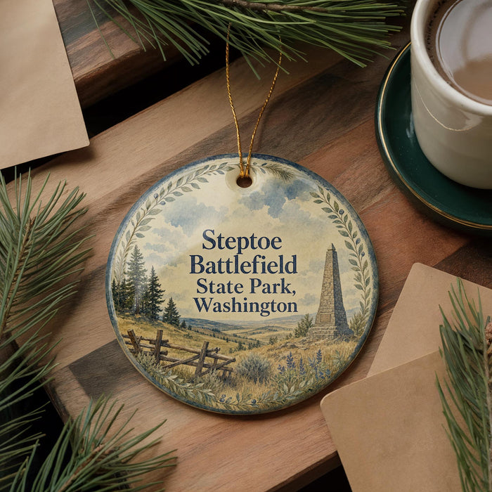 A round ornament with a scenic landscape of Steptoe Battlefield State Park, Washington, featuring pine trees and a monument, is displayed on a wooden surface alongside a cup of coffee and some papers.