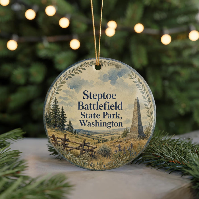 A round ornament with a scenic landscape featuring a tall monument, trees, and a fence, hanging in front of a Christmas tree with lights.