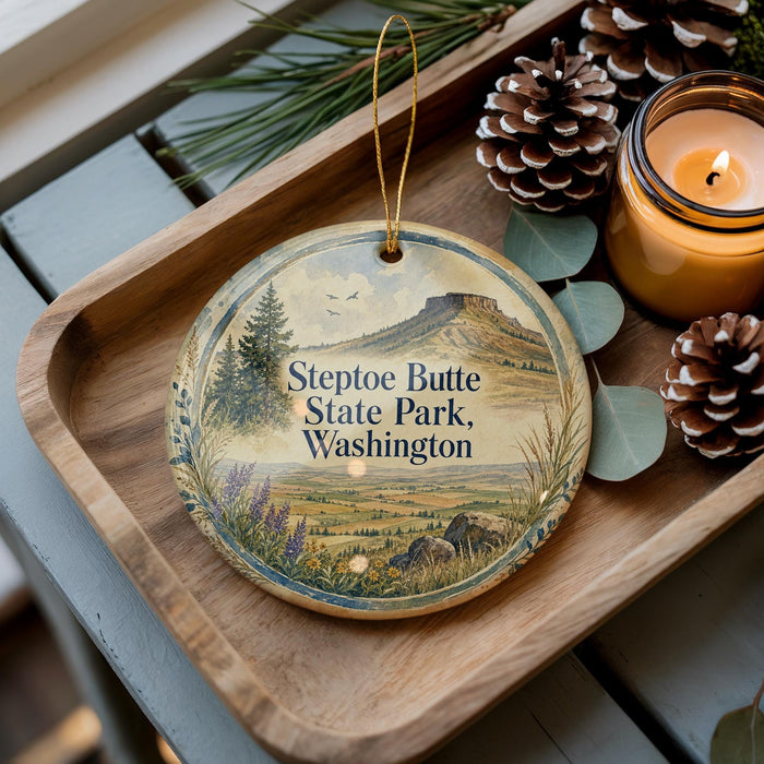 A wooden tray with a decorative ornament featuring a scenic landscape of Steptoe Butte State Park, Washington, surrounded by pine cones and a lit candle.
