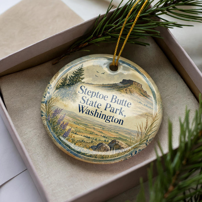 A decorative ornament in a box, featuring a scenic landscape with mountains, trees, and a body of water.