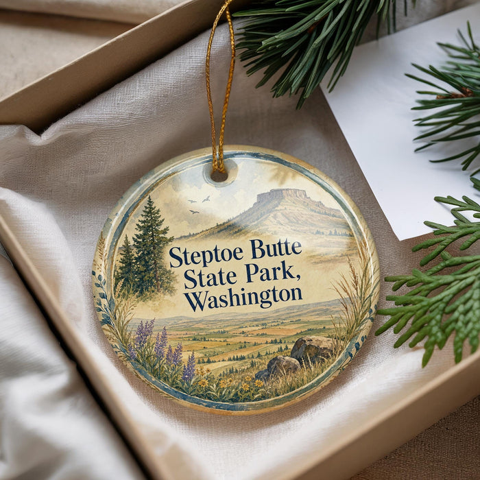 A decorative ornament with a scenic landscape of Steptoe Butte State Park, Washington, featuring pine trees, mountains, and a field.