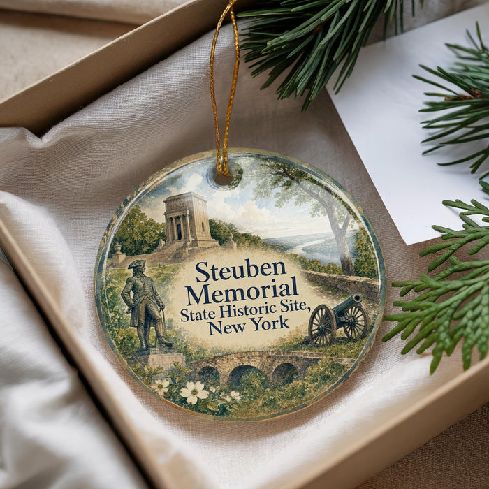 A decorative ornament with a scene depicting Steuben Memorial State Historic Site in New York, featuring a statue, a bridge, and a cannon.