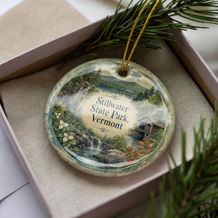 A decorative ornament with a scenic landscape of Stilwater State Park in Vermont, featuring a waterfall, pine trees, and a bridge.