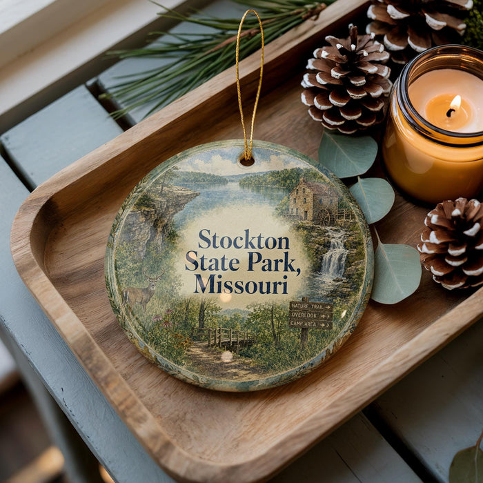 A wooden tray with a decorative ornament featuring a scenic image of Stockton State Park, Missouri, along with pine cones and a lit candle.