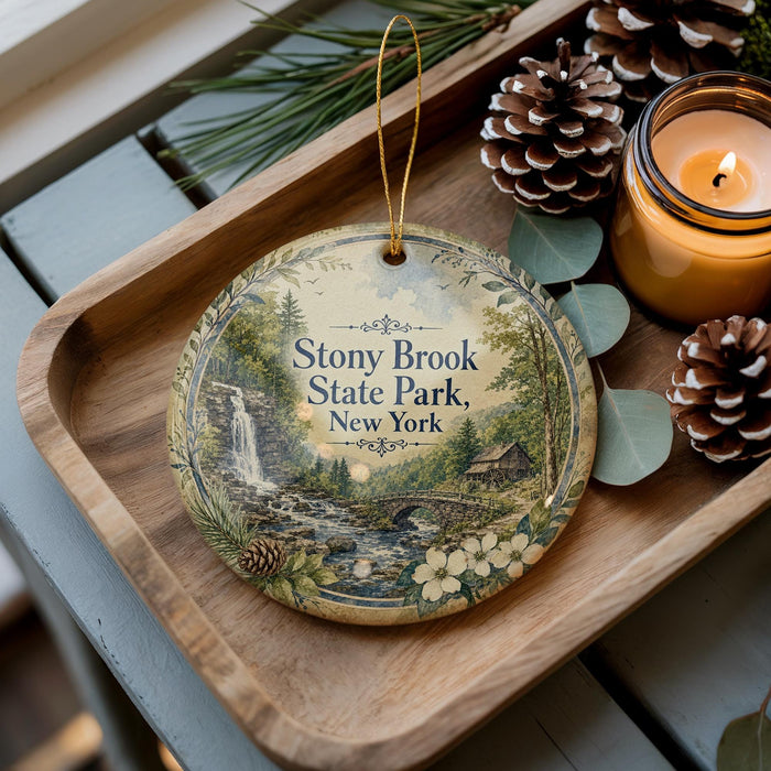 A decorative ornament featuring Stony Brook State Park, New York, with a waterfall and pine trees, placed on a wooden tray alongside pine cones and a lit candle.