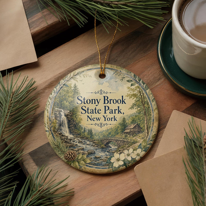 A decorative ornament featuring Stony Brook State Park, New York, with a scenic illustration of a waterfall and pine trees. The ornament is hanging on a wooden surface, surrounded by pine branches and a cup of coffee.
