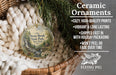Ceramic ornaments, specifically Stony Brook State Park ornaments, are displayed in a basket with pine branches. The text highlights the ornaments as "cozy, high-quality prints, vibrant and long lasting, shipped fast in with holiday packaging, won't peel or fade over time".