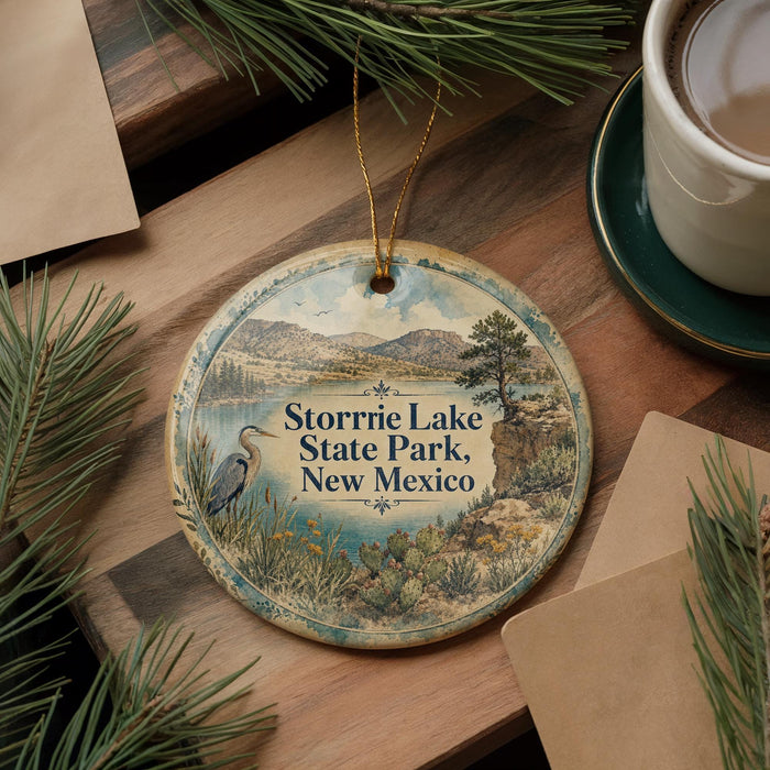 A round ornament with a scenic landscape of Storr Lake State Park, New Mexico, featuring a bird and a lake.