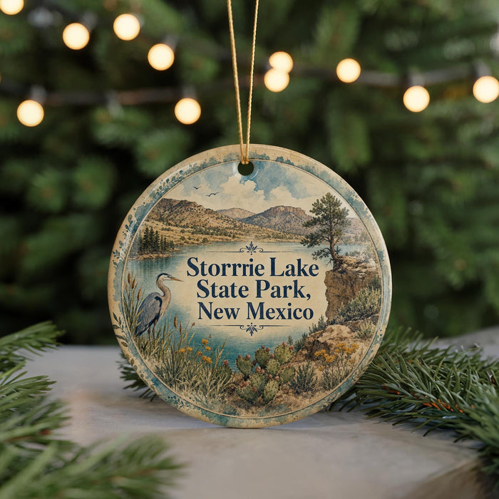 A circular ornament with a scenic landscape of Storrie Lake State Park, New Mexico, featuring a bird and a body of water.