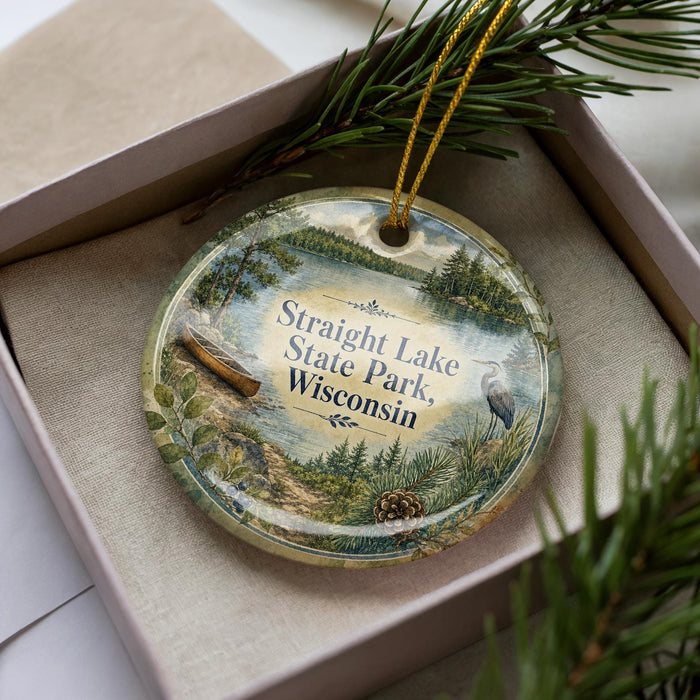 A decorative ornament in a box, featuring a scenic image of Straight Lake State Park in Wisconsin.