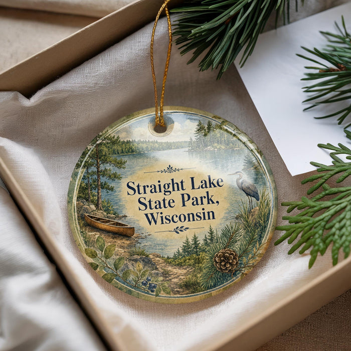 A decorative ornament with a lake scene and text, placed in a box with pine branches.