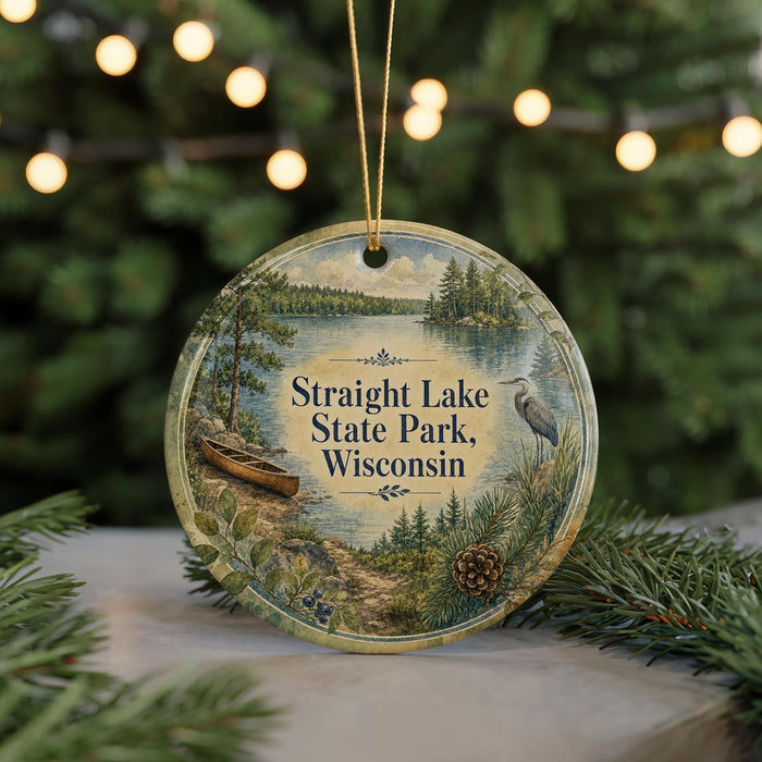A round ornament with a scenic lake and forest landscape, featuring a boat and a bird, is displayed in front of a blurred background with twinkling lights.