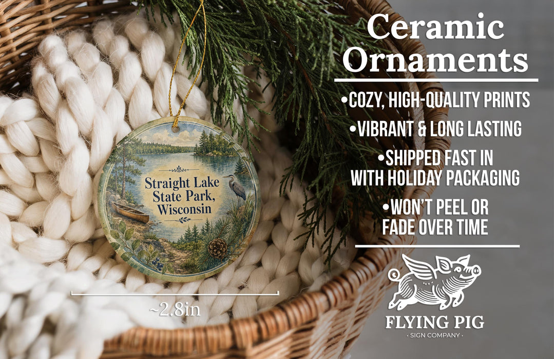 Ceramic ornaments, featuring a scenic image of a lake and state park in Wisconsin, are displayed in a woven basket.