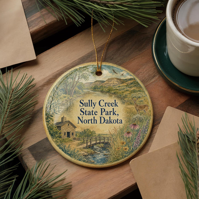 A decorative ornament featuring a scenic landscape of Sully Creek State Park in North Dakota, with a small cabin and a bridge in the foreground.