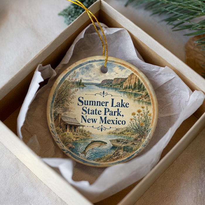 A decorative ornament in a box, featuring a scenic landscape with a lake, mountains, and a cabin.