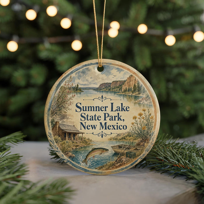 A round ornament with a scenic image of a lake and mountains, along with the text "Summer Lake State Park, New Mexico".