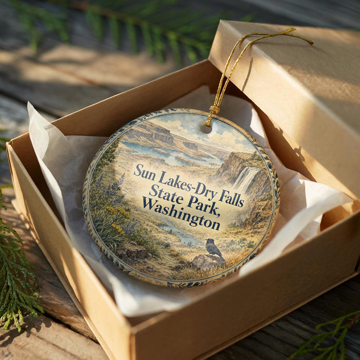 A circular ornament in a wooden box, featuring a scenic landscape with a waterfall and mountains, with the text "Sun Lakes-Dry Falls State Park, Washington" printed on it.