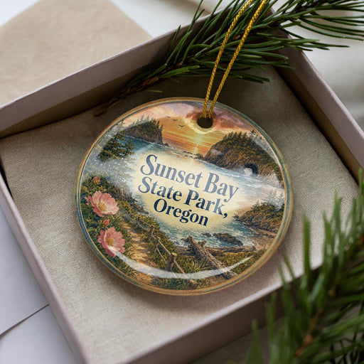 A decorative ornament with a scenic landscape of Sunset Bay State Park, Oregon, featuring a sunset over the water and pine trees.