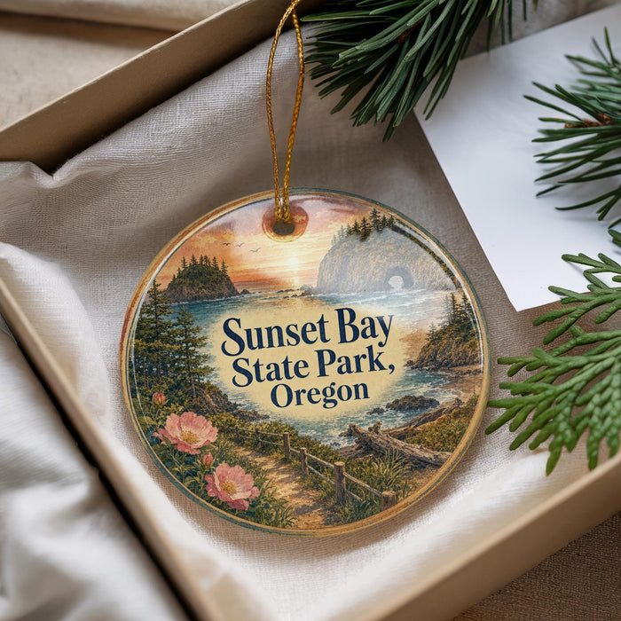 A decorative ornament with a scenic landscape of Sunset Bay State Park, Oregon, featuring a sunset over the bay, pine trees, and a path leading to the park.
