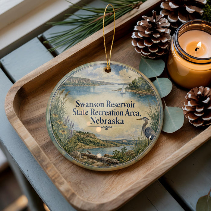 A decorative ornament featuring a scenic landscape of the Swanson Reservoir, the State Recreation Area in Nebraska, with pine cones and a lit candle on a wooden tray.