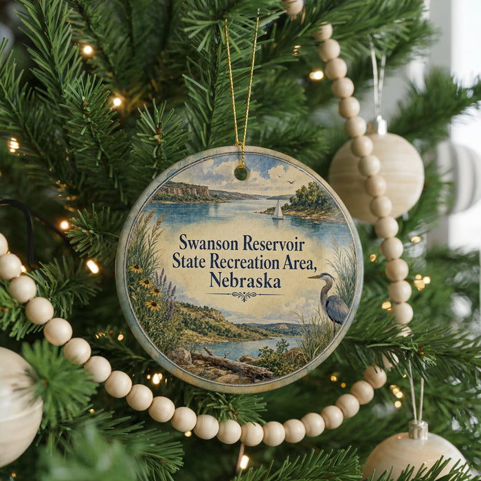 A round ornament hanging on a Christmas tree, featuring a scenic landscape of the Swanson Reservoir State Recreation Area in Nebraska.