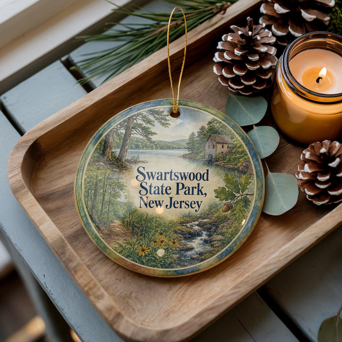 A decorative ornament featuring a scenic landscape of Swartswood State Park, New Jersey, with pine cones and a lit candle on a wooden tray.