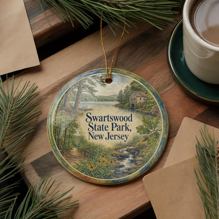 A decorative ornament with a scenic image of Swartswood State Park in New Jersey, featuring a river, trees, and a house, is displayed on a wooden surface alongside a cup of coffee and some pine branches.