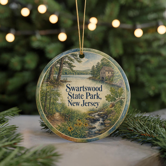A round ornament with a scenic landscape of Swartswood State Park, New Jersey, featuring a lake, trees, and a building.