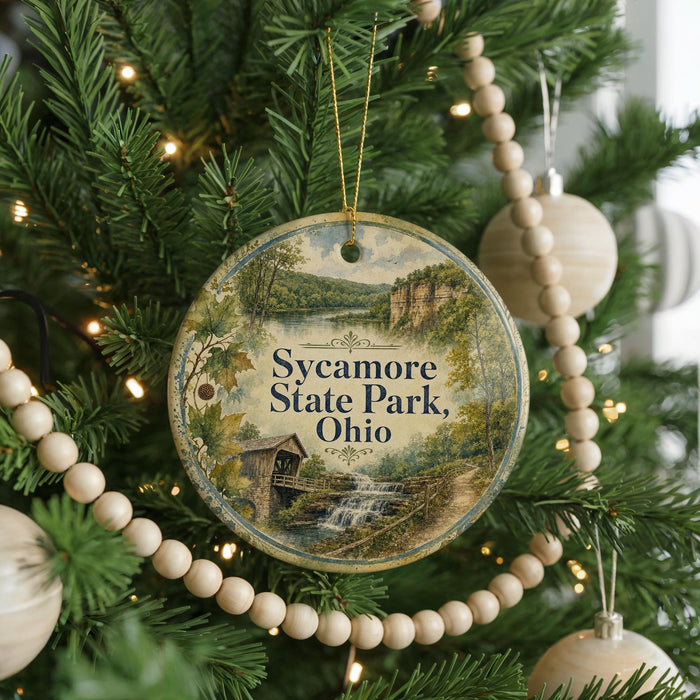 A round ornament hanging on a Christmas tree, featuring a scenic image of Sycamore State Park, Ohio.