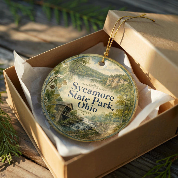 A decorative ornament in a brown box, featuring a scenic landscape with a bridge and trees, with the text "Sycamore State Park, Ohio" printed on it.