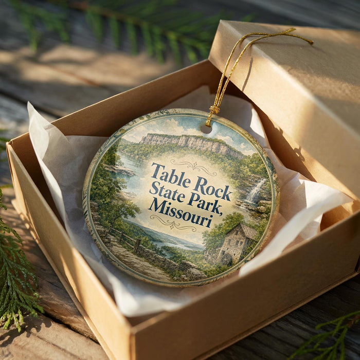 A decorative ornament in a box, featuring a scenic landscape with a house and a waterfall.