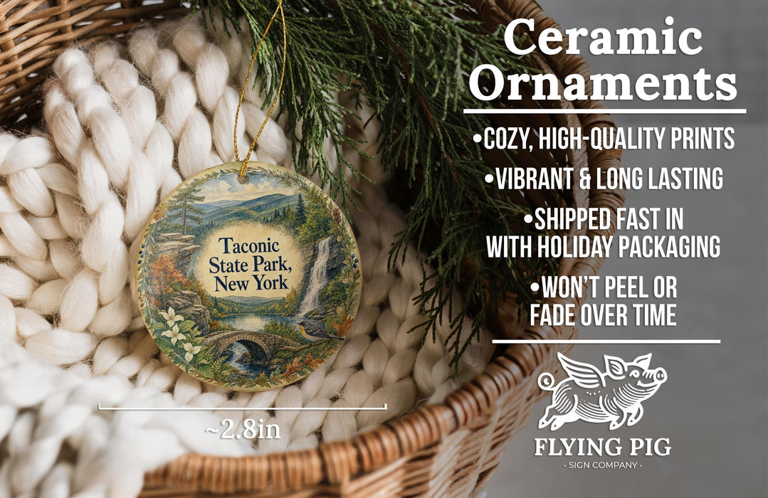 Ceramic ornaments, featuring a detailed image of a scenic landscape with a waterfall and a bridge, are displayed in a woven basket.