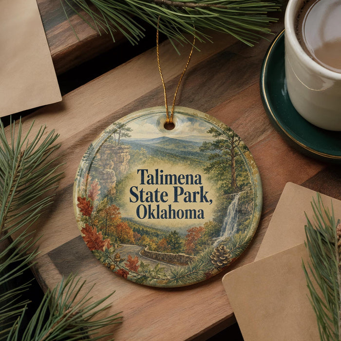 A decorative ornament featuring a scenic landscape of Talimena State Park, Oklahoma, with pine trees and a waterfall.