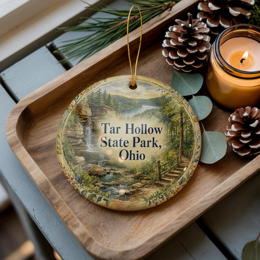 A decorative ornament featuring a scenic landscape of Tar Hollow State Park, Ohio, with a waterfall and pine trees. The ornament is placed on a wooden tray, accompanied by a lit candle and pine cones.