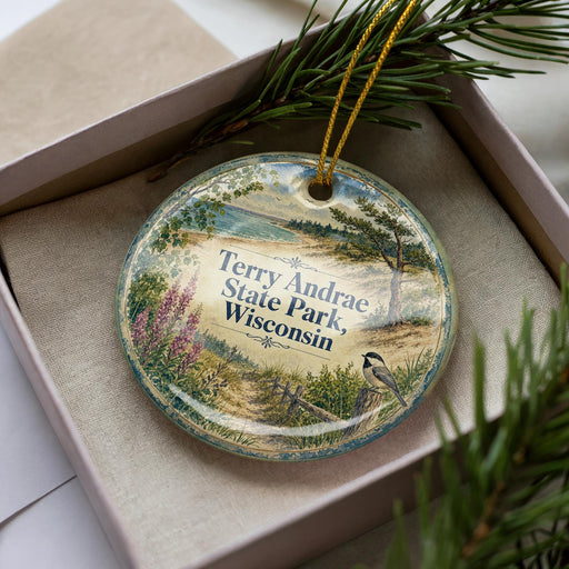 A decorative ornament in a box, featuring a scenic landscape with a bird perched on a branch.