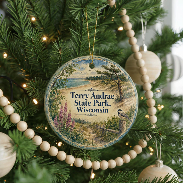 A round ornament on a Christmas tree, featuring a scenic landscape with a bird perched on a tree branch.