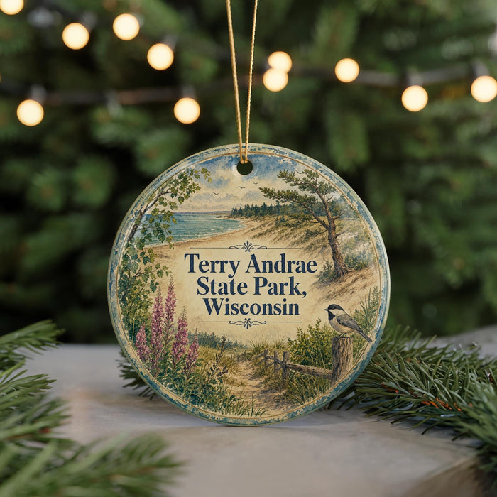 A round ornament with a painting of a park scene, featuring a bird, trees, and a body of water, hanging in front of a Christmas tree with lights.